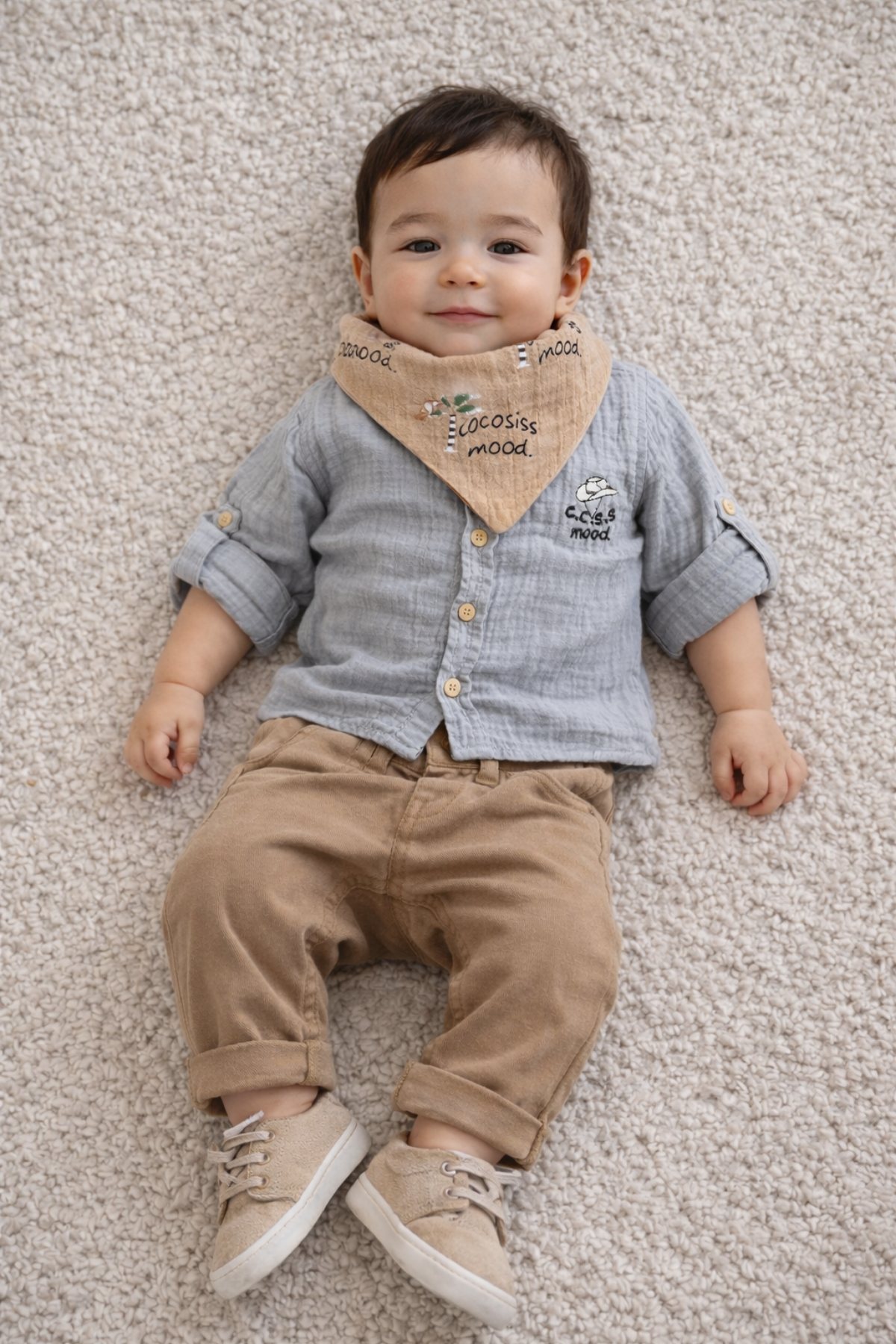 6-24 Ay Fularlı Müslin Gömlekli 2li Erkek Bebek Takım Bebe Mavi