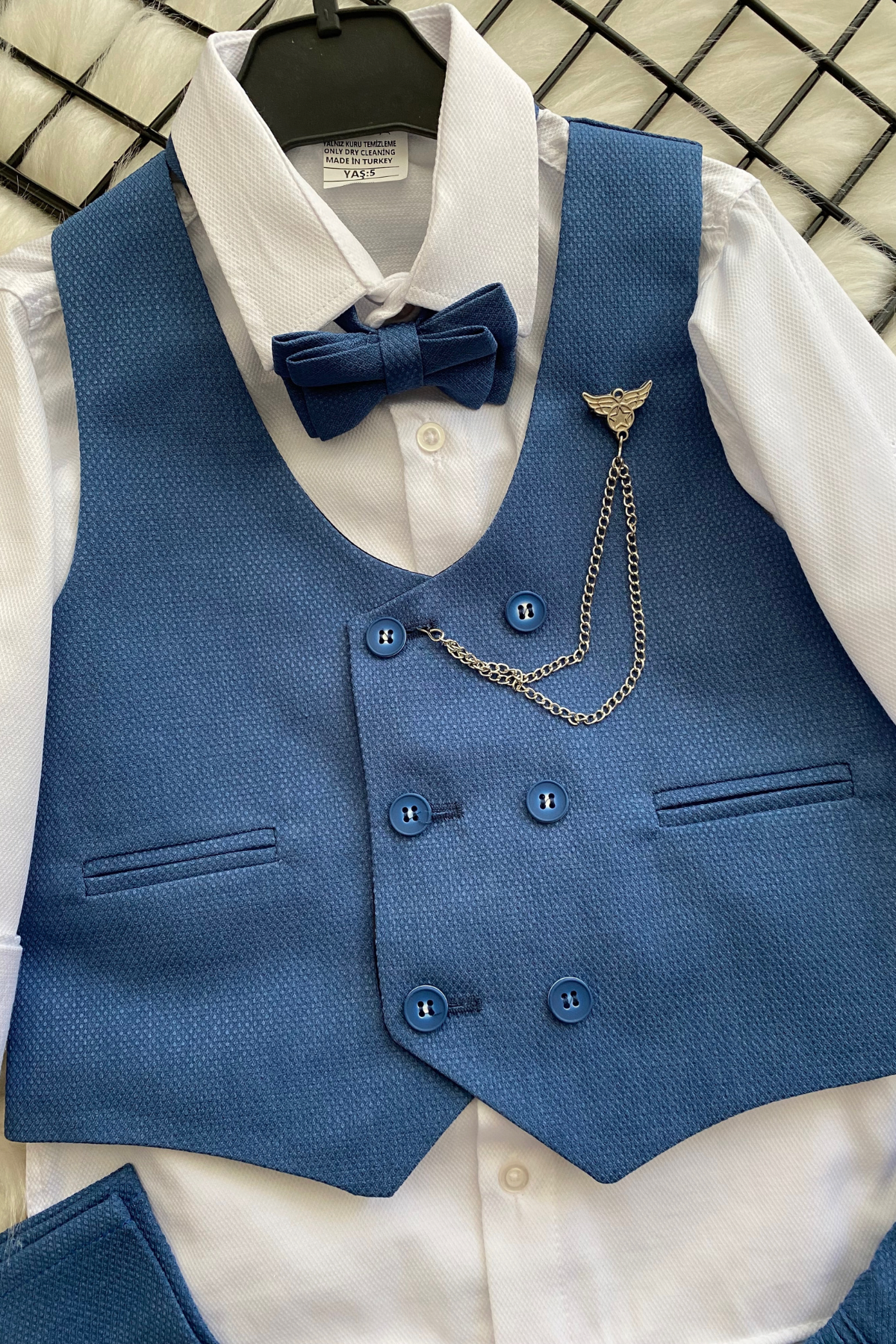 Zincir Detay Çift Düğmeli Erkek Çocuk Takım Elbise İndigo