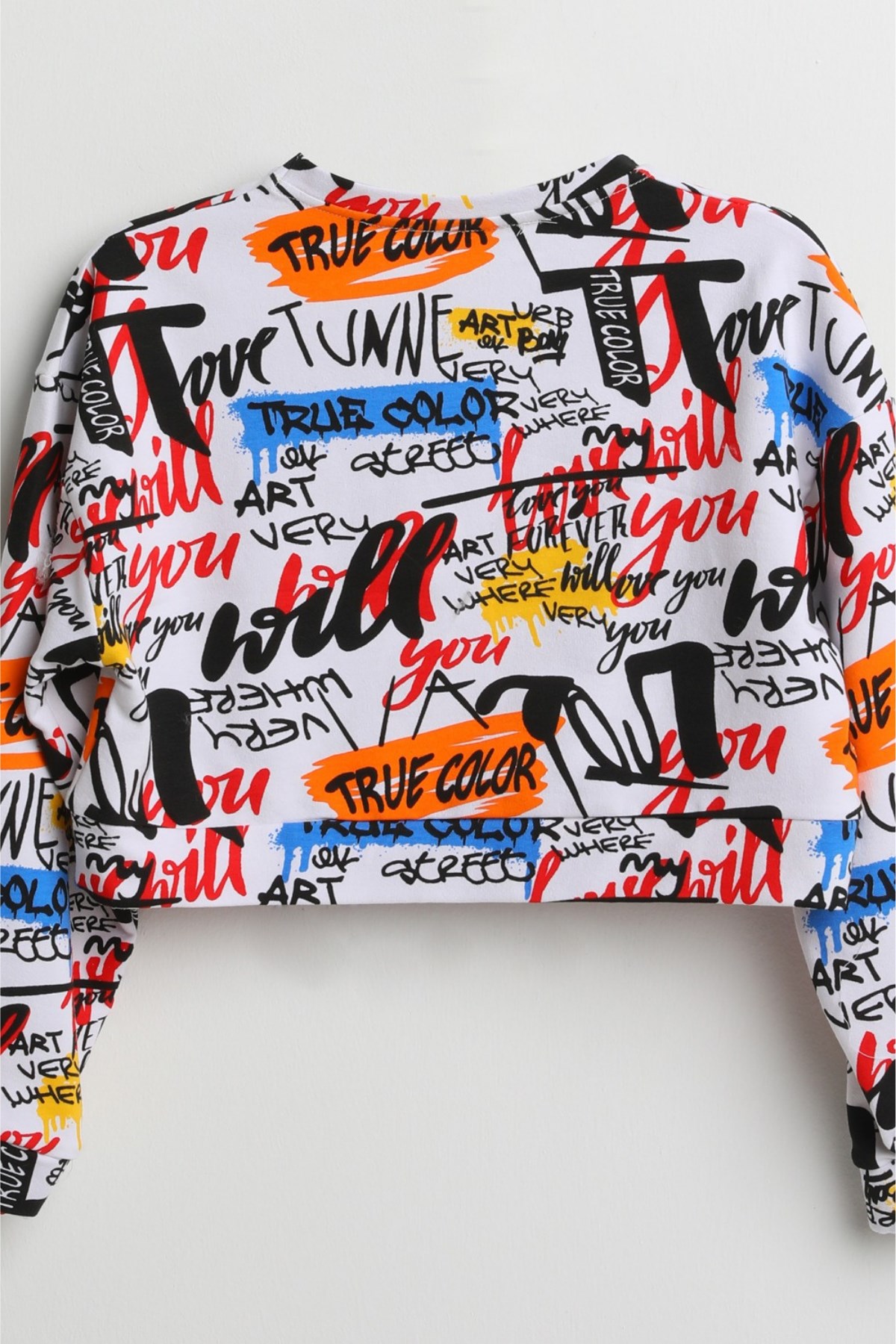 Gazete Baskılı Kız Çocuk Crop Sweatshirt