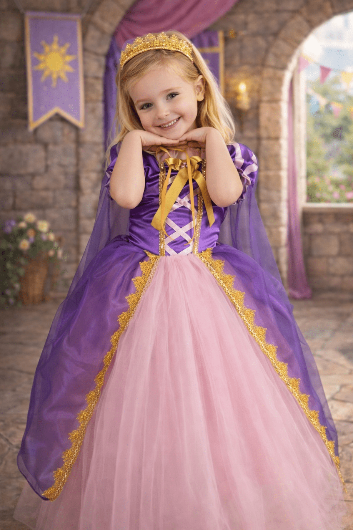 Rapunzel Uzun Kız Çocuk Kostüm