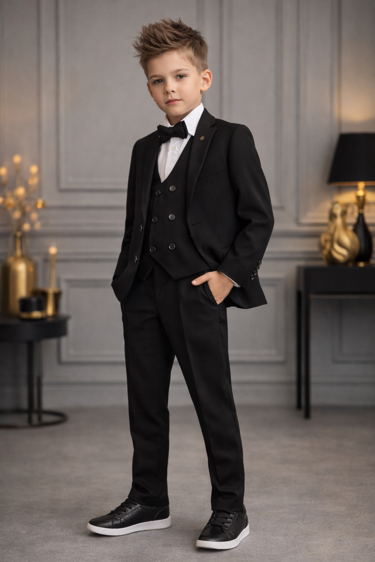 1-16 Yaş Çift Düğme Yelekli Ceketli Erkek Çocuk Takım Elbise Siyah