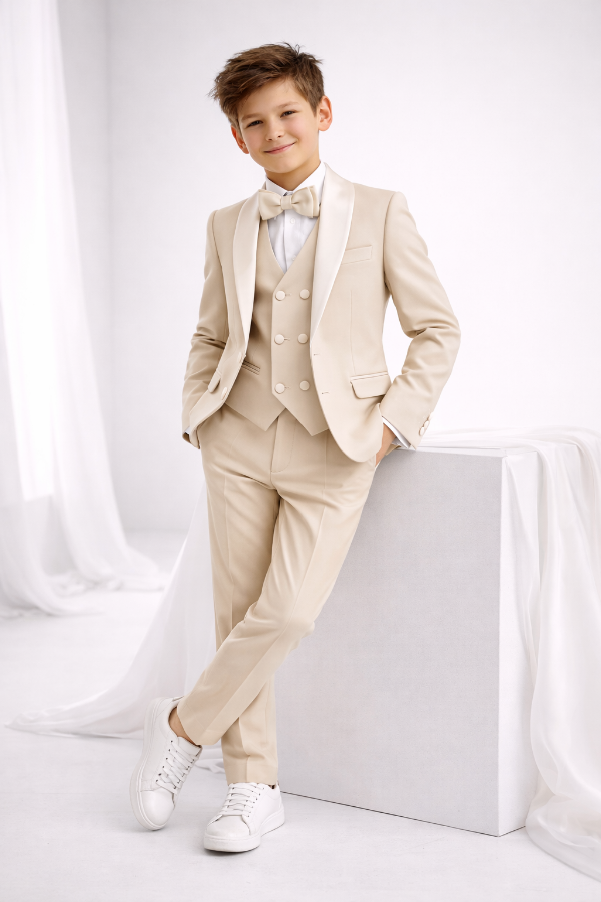 3-14 Yaş Saten Yaka Erkek Çocuk Takım Elbise Mezuniyet Bej