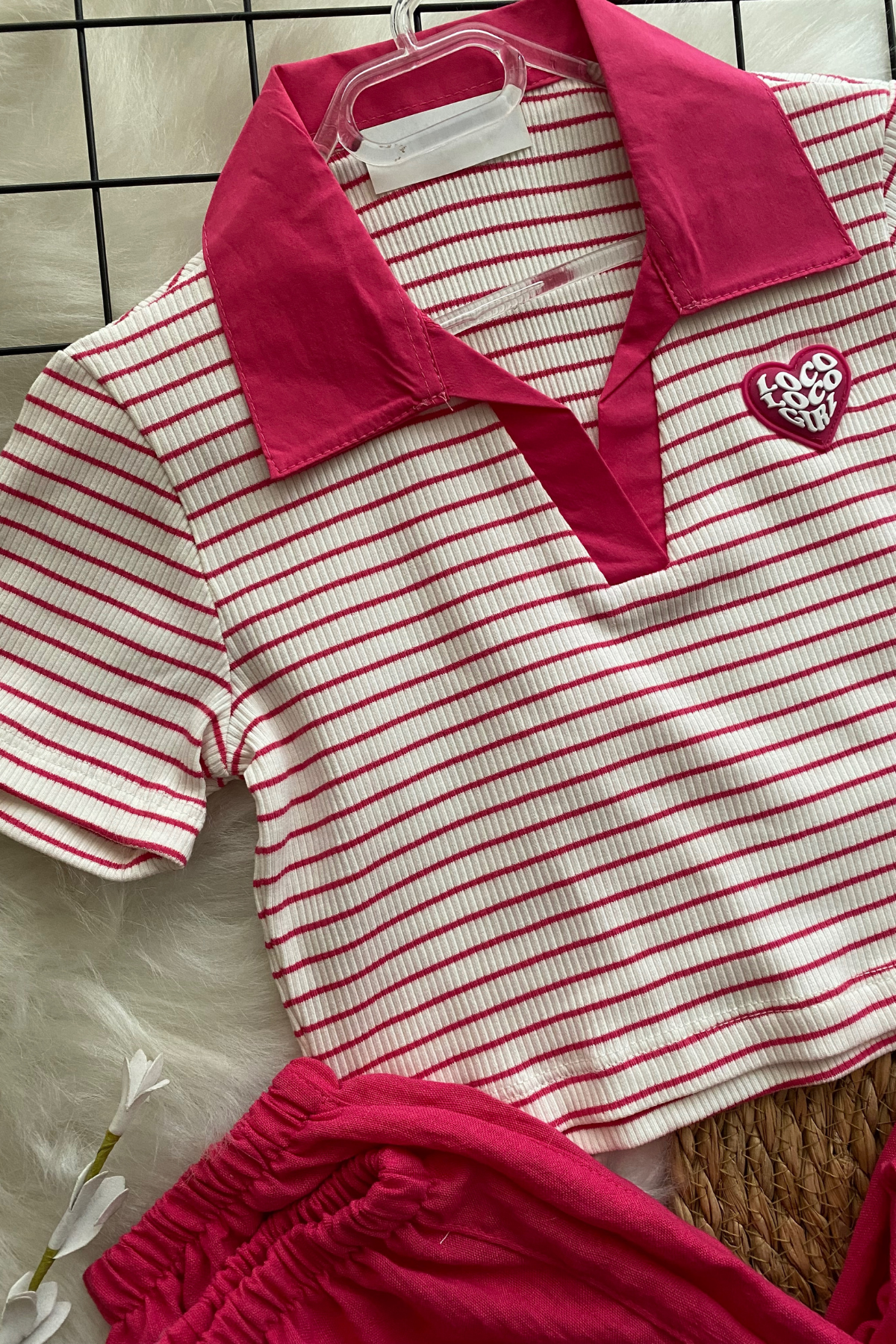 8-14 Yaş Polo Yaka Çizgili Crop Fuşya 