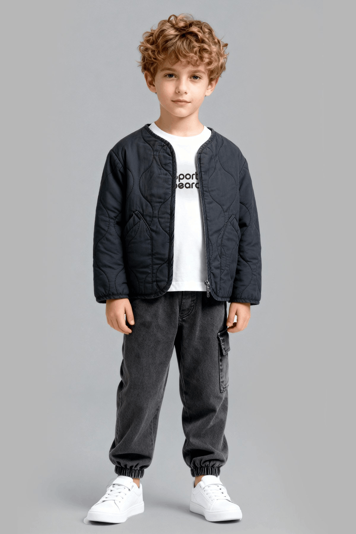 3-11 Nakışlı Bomber Ceket Kargo Cep Pantolon Tişört 3lü Erkek Çocuk Takım Antrasit