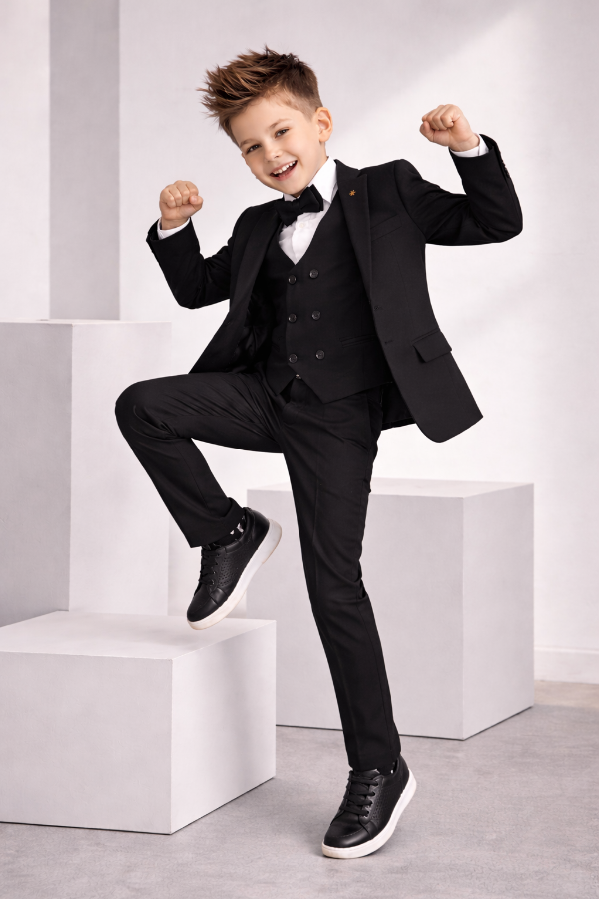 1-16 Yaş Çift Düğme Yelekli Ceketli Erkek Çocuk Takım Elbise Siyah