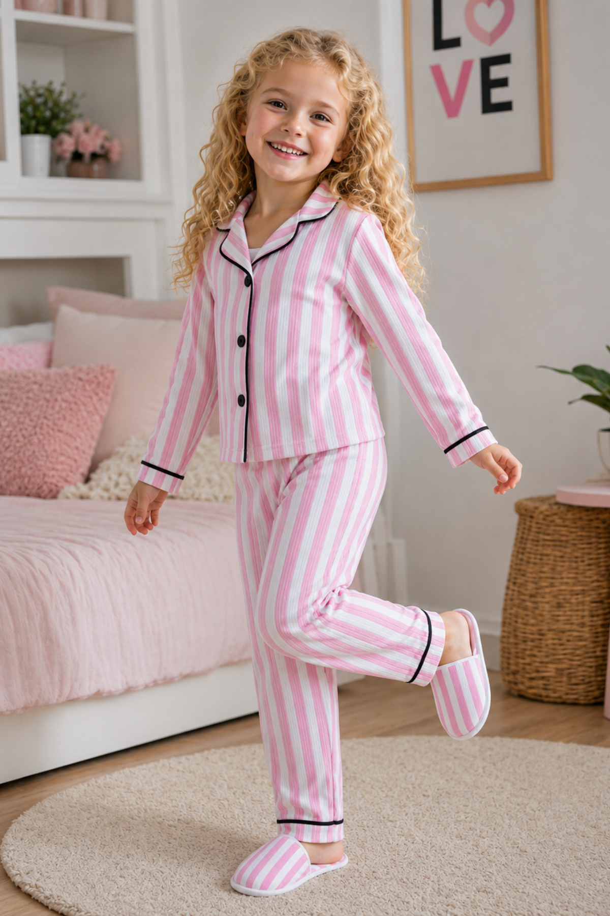 4-6 Yaş Terlikli Çizgi Desen Kız Çocuk Pijama Takımı Pembe