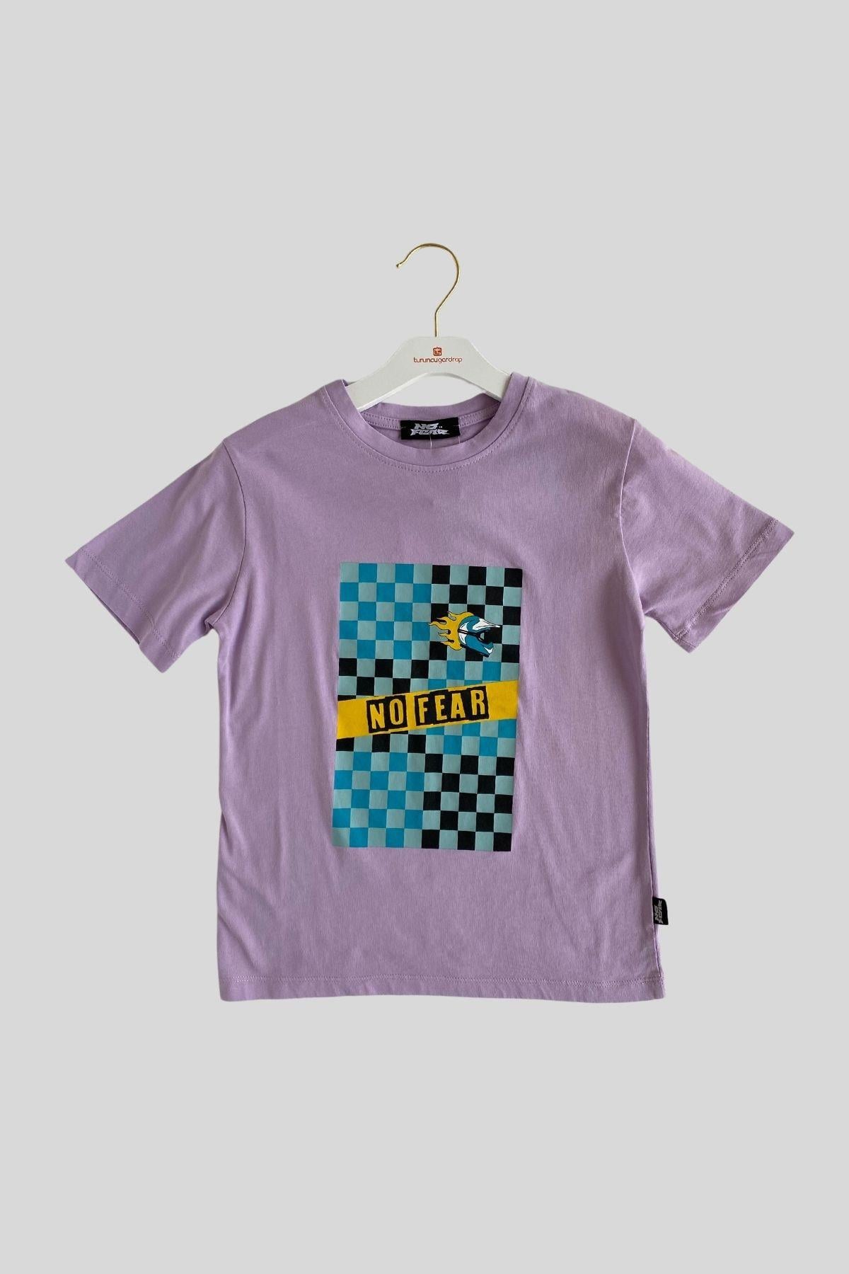 No Fear Baskılı Kareli Erkek Çocuk Tshirt Lila
