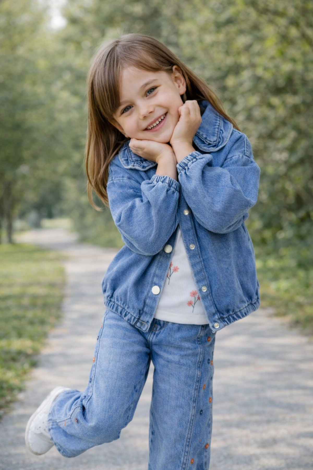 4-8 Yaş Nakış Çiçek İşlemeli 3lü Kız Çocuk Kot Takım Mavi