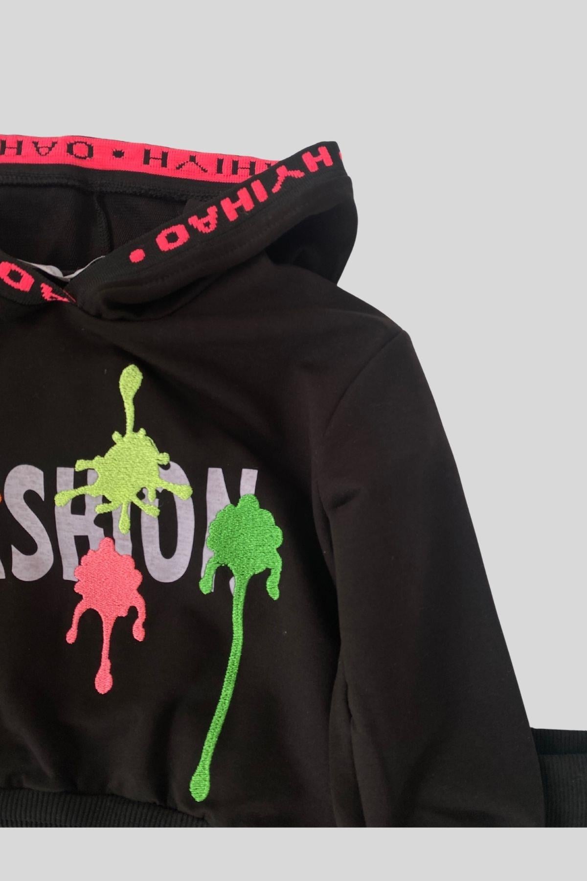 Fashion East Neon Detay Fileli Kız Çocuk Eşofman Takımı Siyah