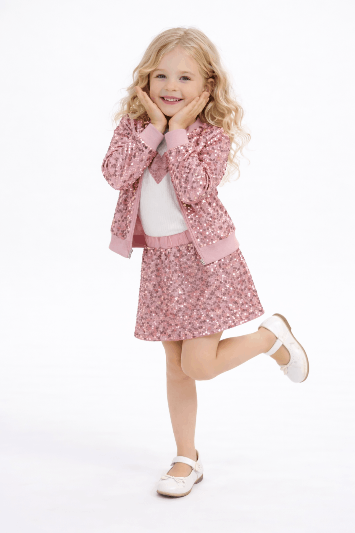 4-10 Payet Ceket ve Şort Etekli 3lü Kız Çocuk Takım Gül Kurusu