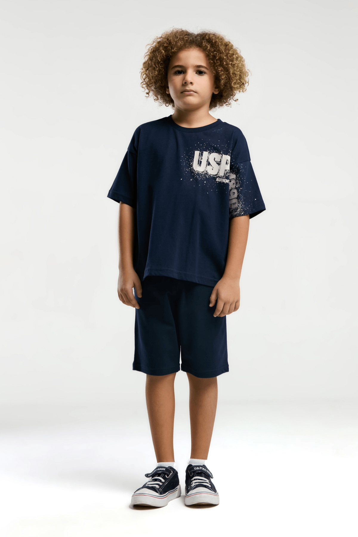 9-15 Yaş U.S Polo Lisanslı Kolu Baskılı Şortlu Erkek Çocuk Takım Lacivert