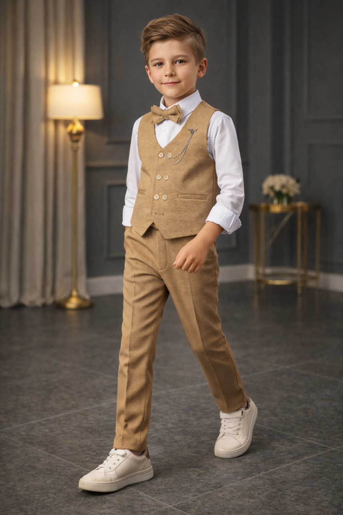 Matrix Yelekli Zincirli Erkek Çocuk Takım Elbise Camel 