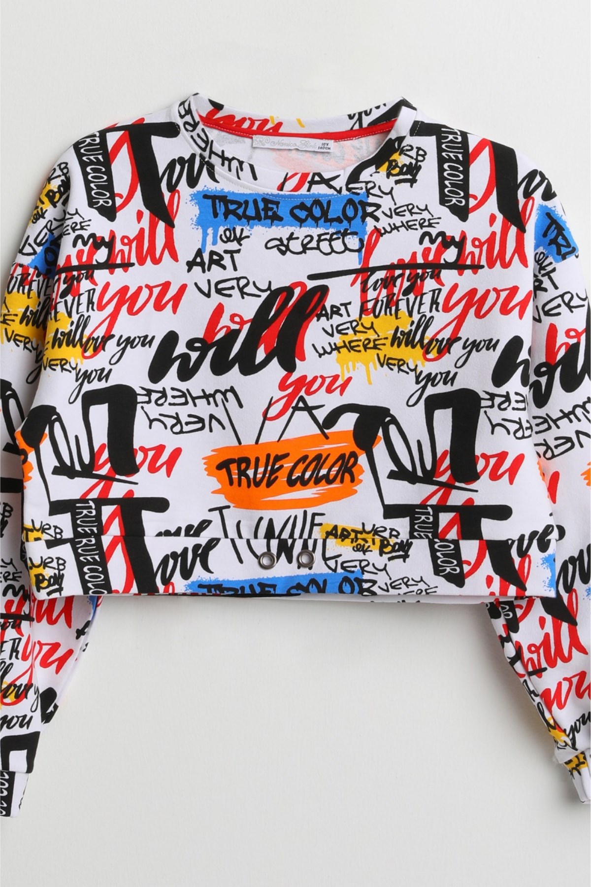 Gazete Baskılı Kız Çocuk Crop Sweatshirt