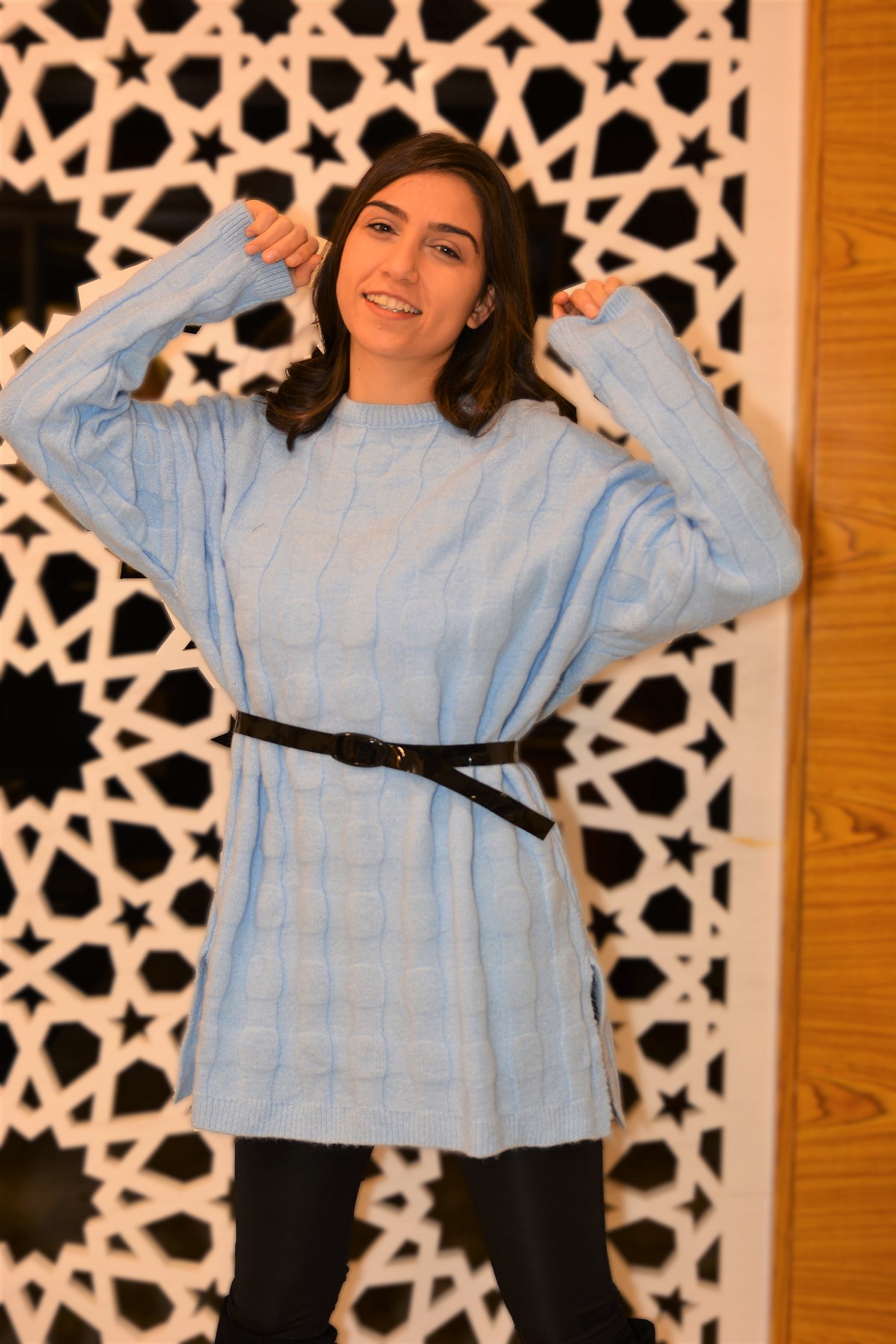 Bebe Mavi Bombeli Yumoş Triko Elbise