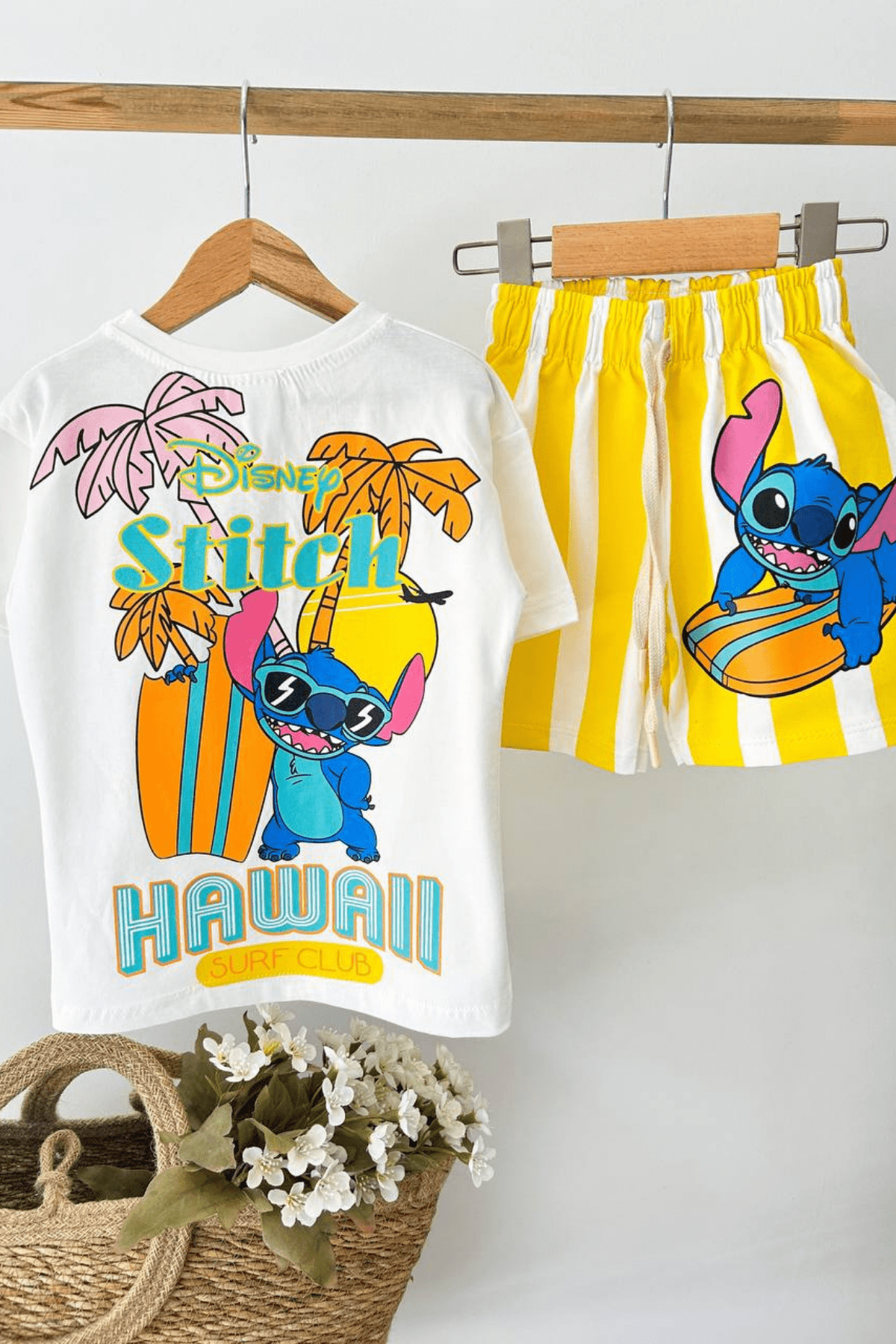 2-8 Yaş Stitch Baskılı Şortlu Erkek Çocuk Takım Sarı