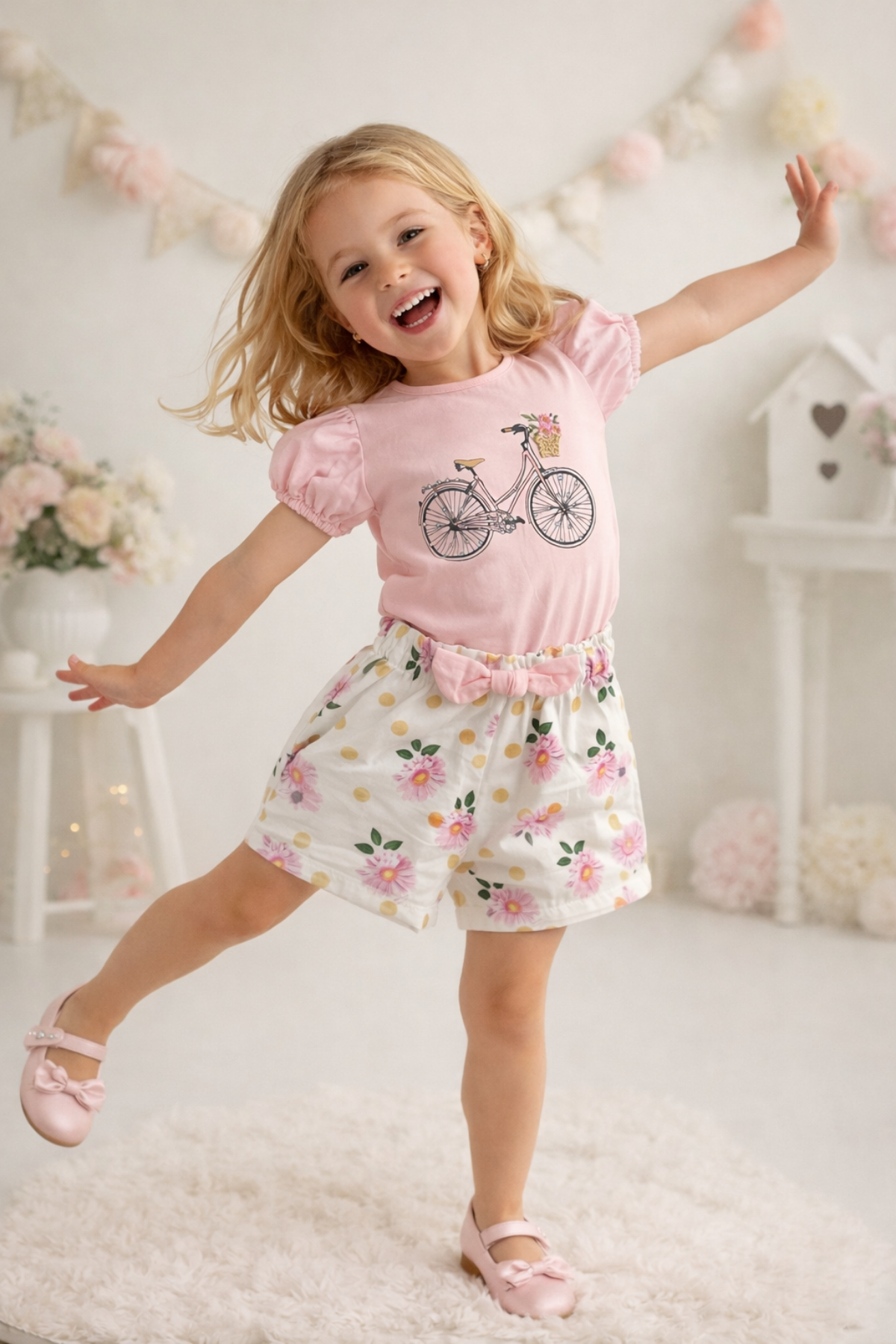 3-7 Yaş Bisikletli Alt Şortlu Çiçekli Kız Çocuk Takım Pembe