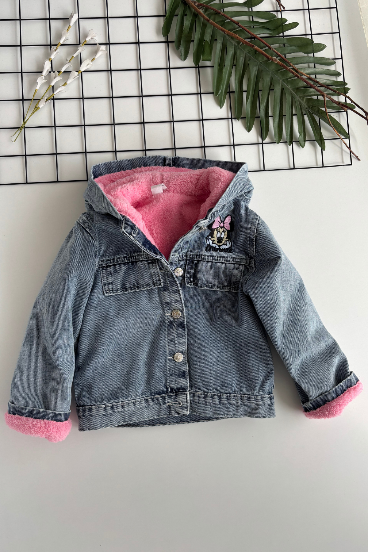 4-12 Yaş Sevimli Karakter Peluş Detay Çocuk Kot Mont Pembe
