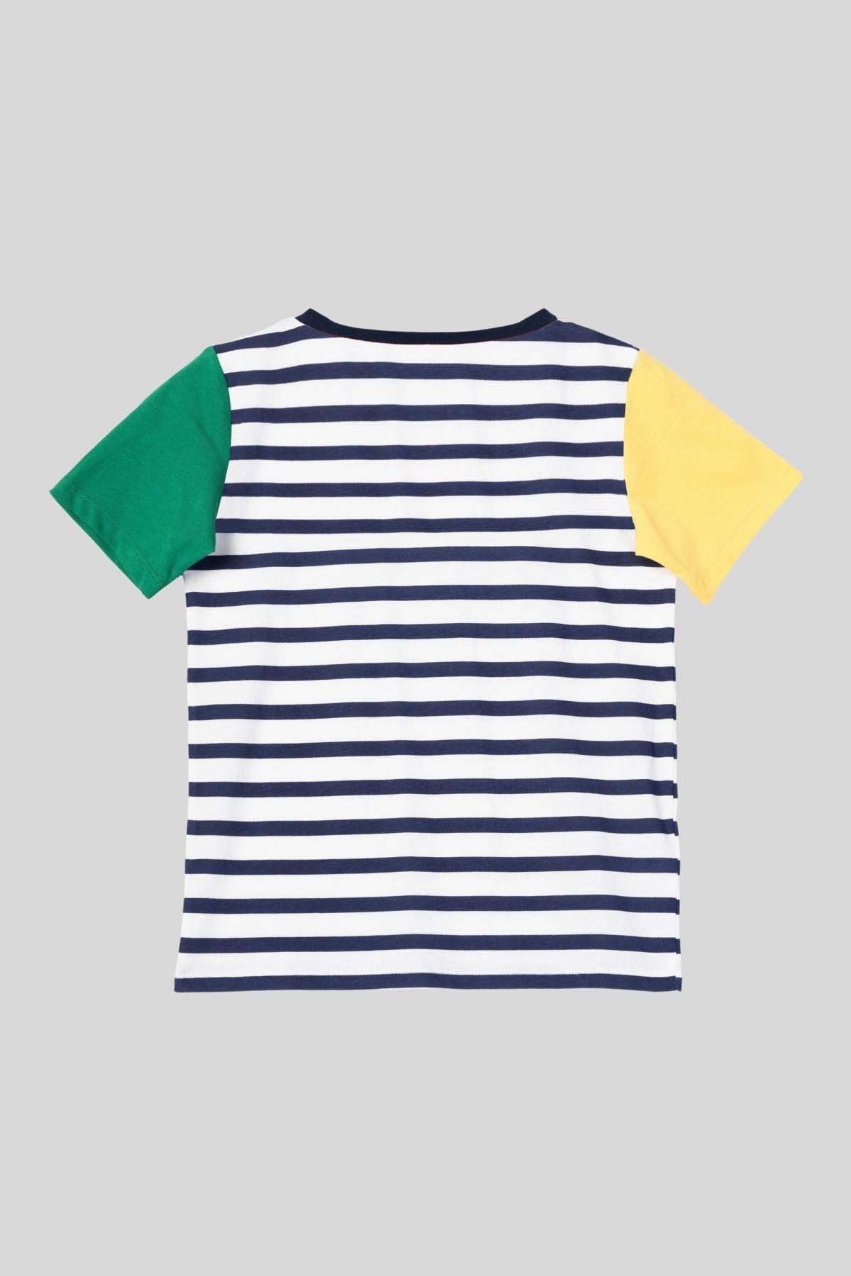 4-14 Yaş Benetton Bisiklet Yaka Çizgili Erkek Çocuk Tshirt Lacivert