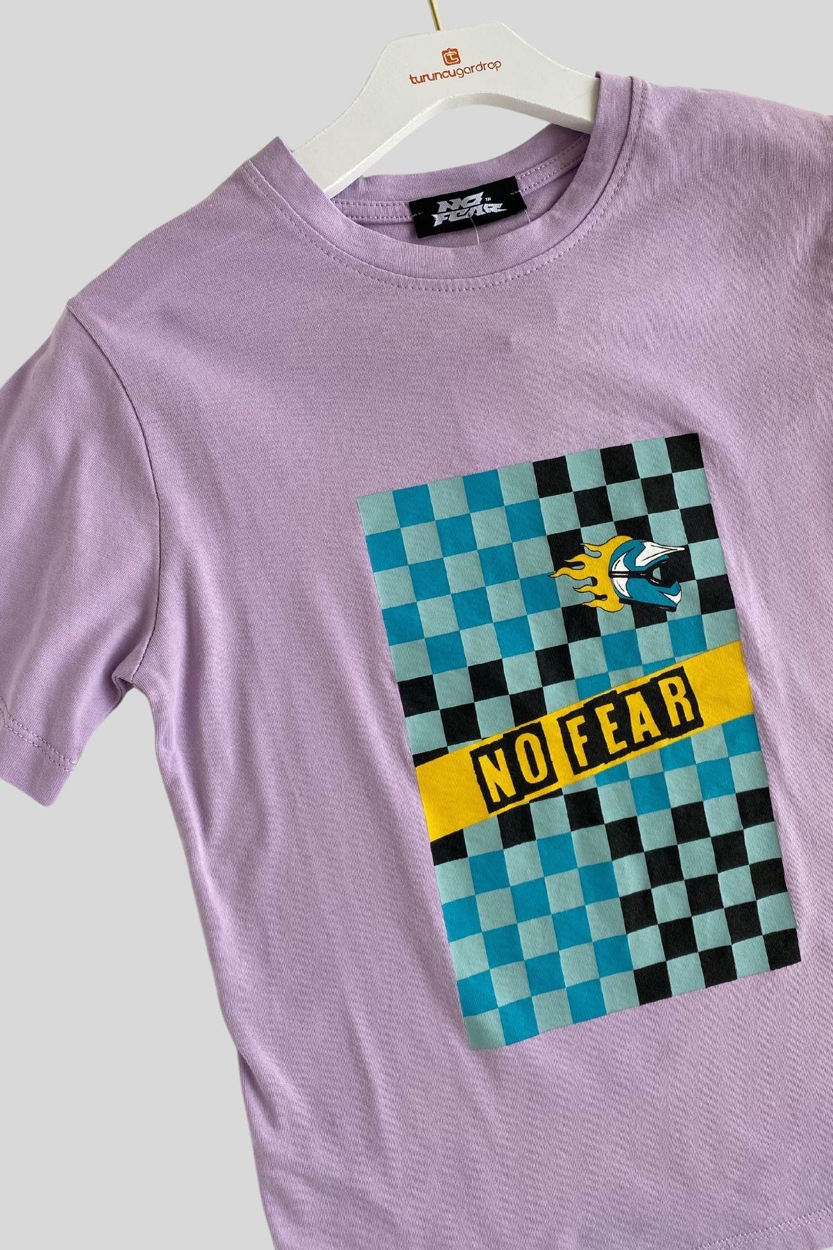 No Fear Baskılı Kareli Erkek Çocuk Tshirt Lila
