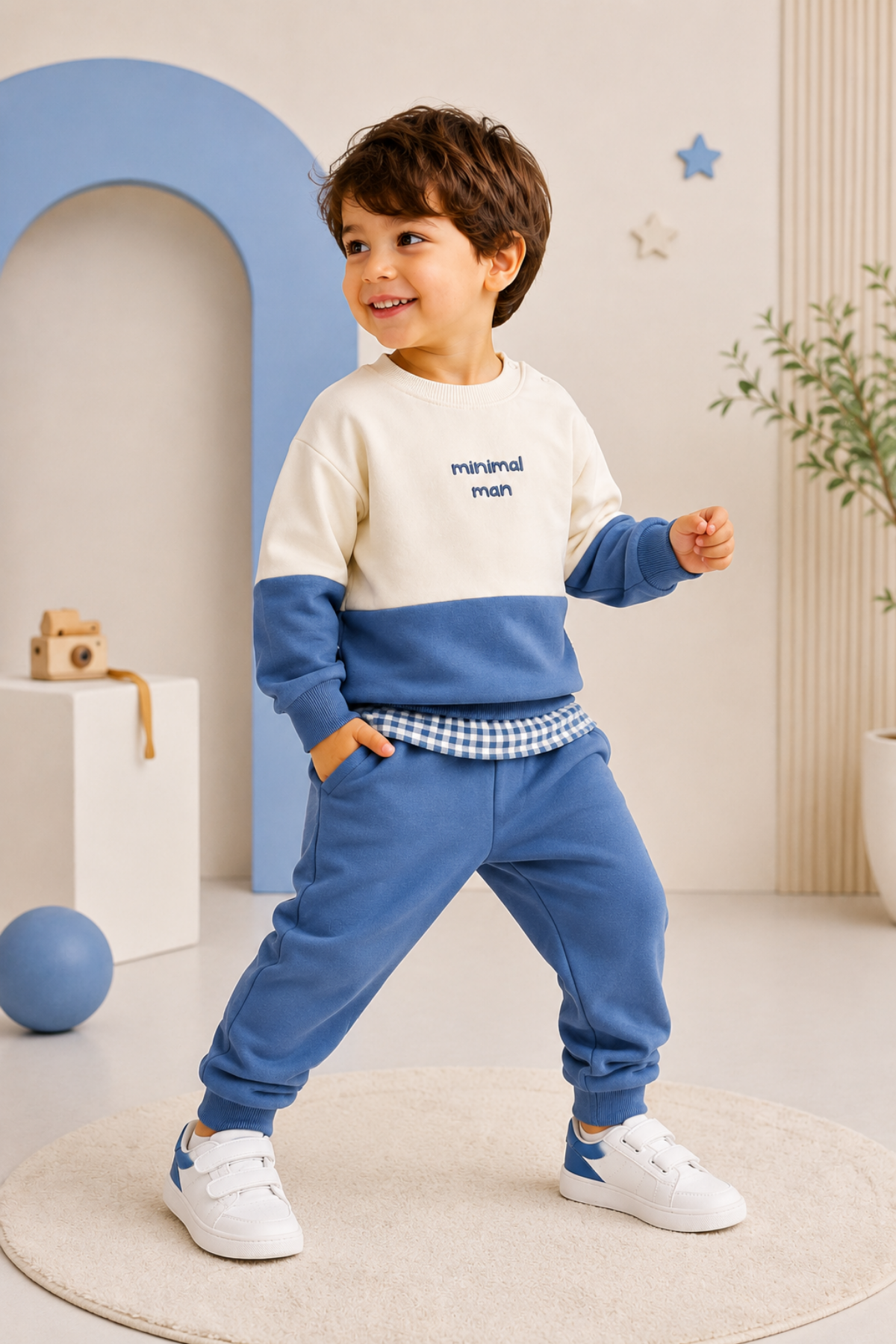 6 Ay - 6 Yaş Minimal Man Pötikare Detay Erkek Çocuk Takım Mavi