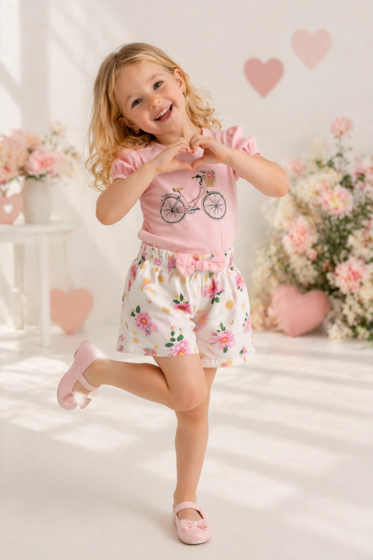 3-7 Yaş Bisikletli Alt Şortlu Çiçekli Kız Çocuk Takım Pembe
