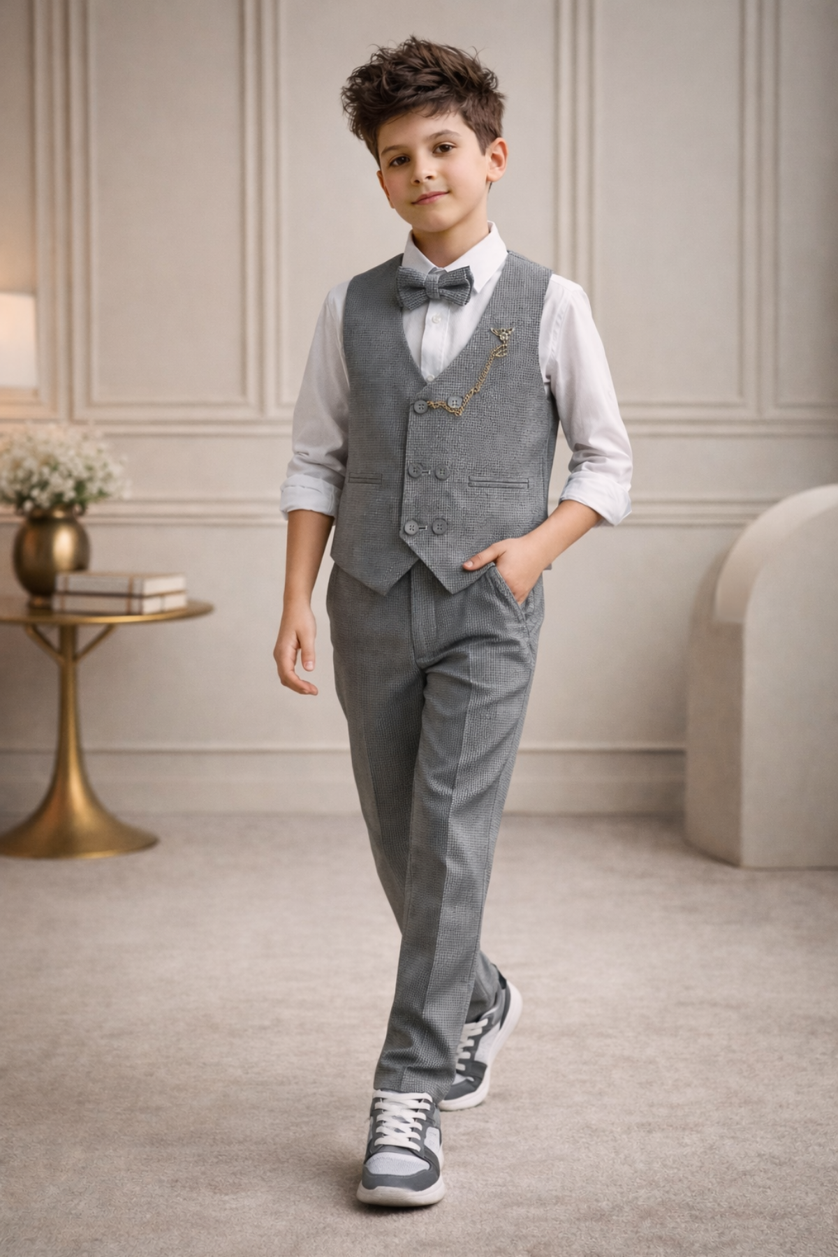 Matrix Yelekli Zincirli Erkek Çocuk Takım Elbise Gri