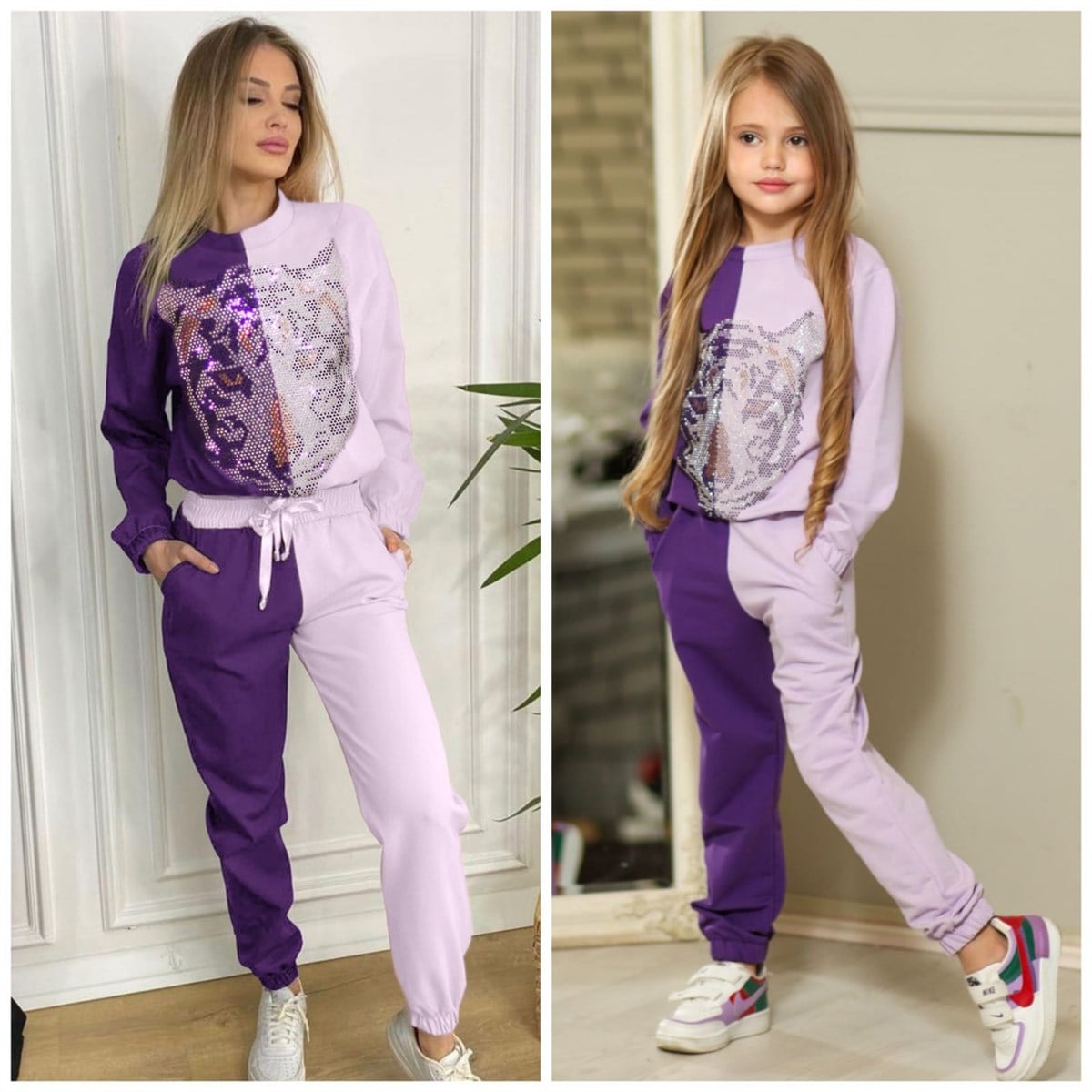 Tiger Girl Taş Detay Anne Kız Eşofman Takımı Anne Mor Çocuk