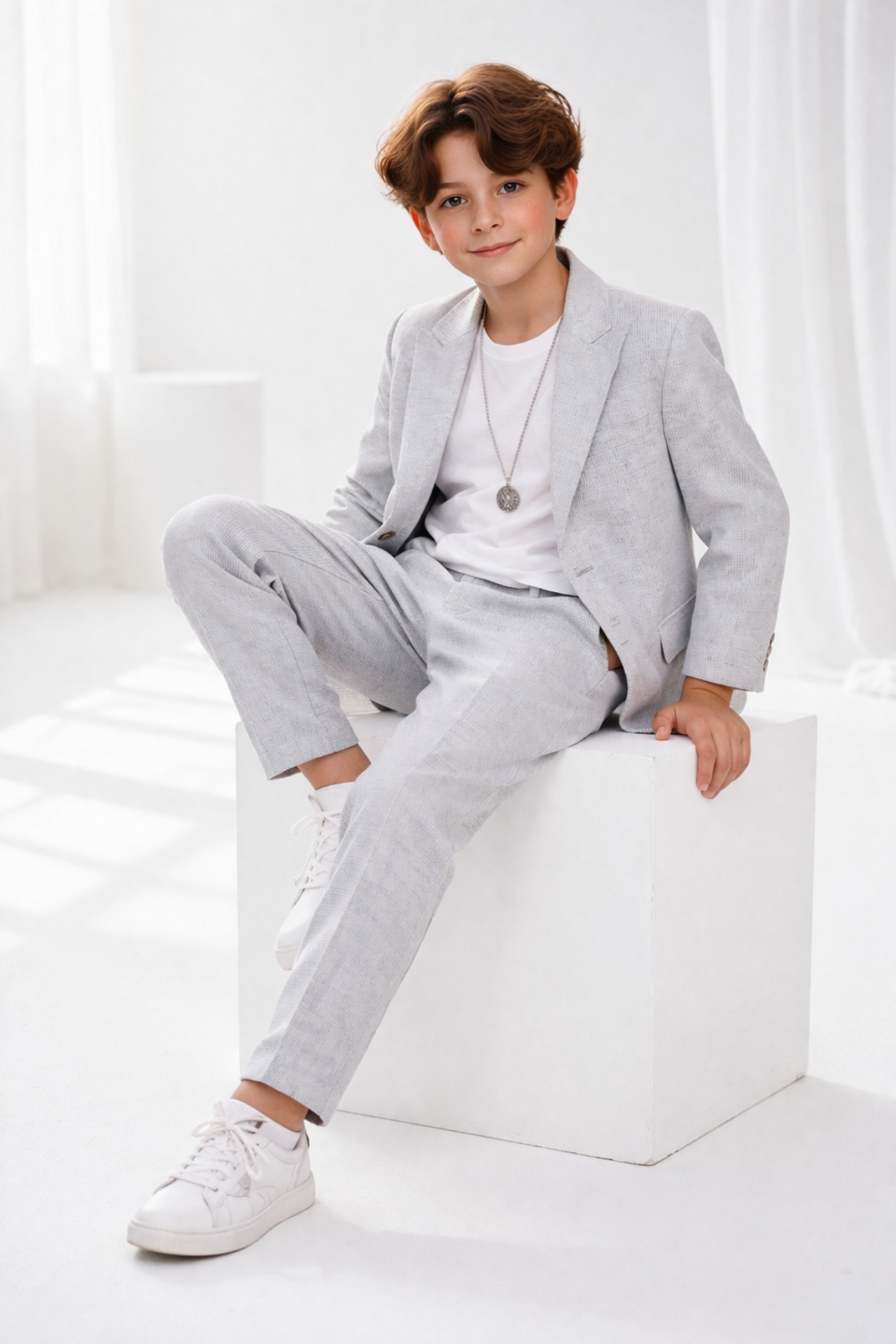 3-14 Yaş Vega Premium Çizgili Kolyeli Keten Çocuk Takım Elbise Mavi