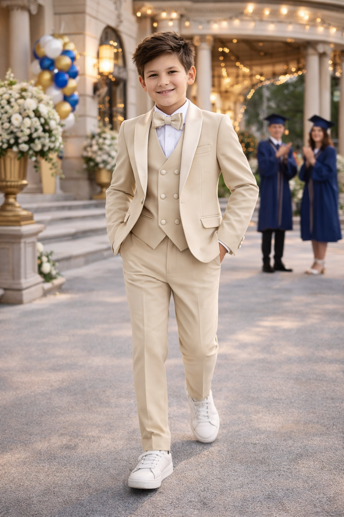 3-14 Yaş Saten Yaka Erkek Çocuk Takım Elbise Mezuniyet Bej