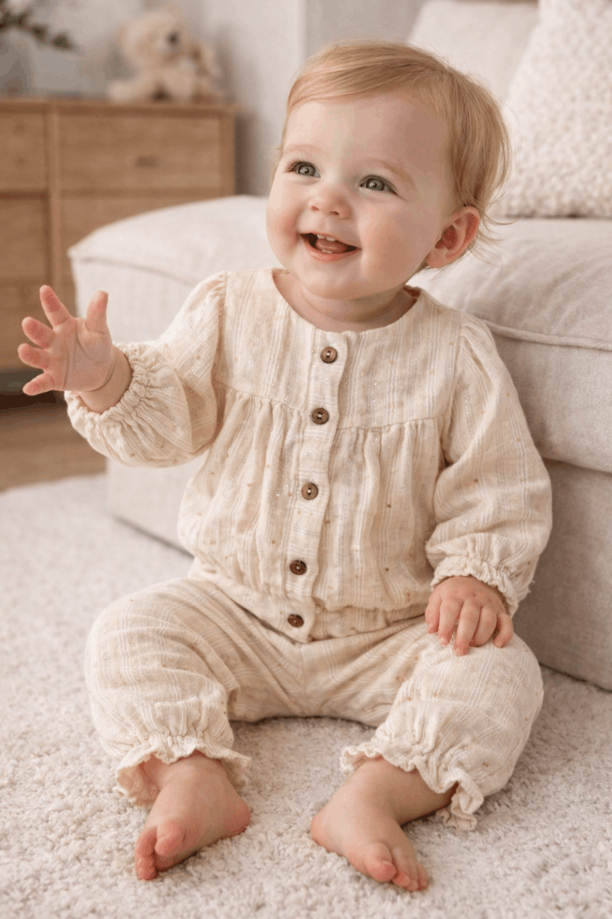6-24 Ay Payet Detay Kız Bebek Müslin Takım Krem