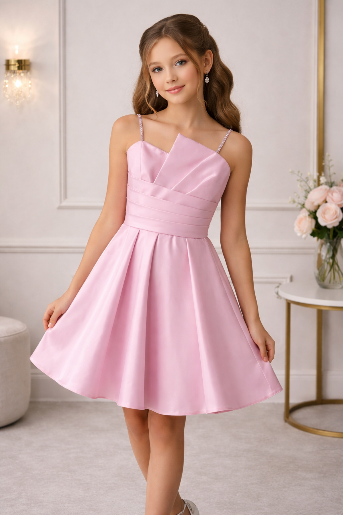 10-15 Saten Eliza Kız Çocuk Abiye Elbise Pembe