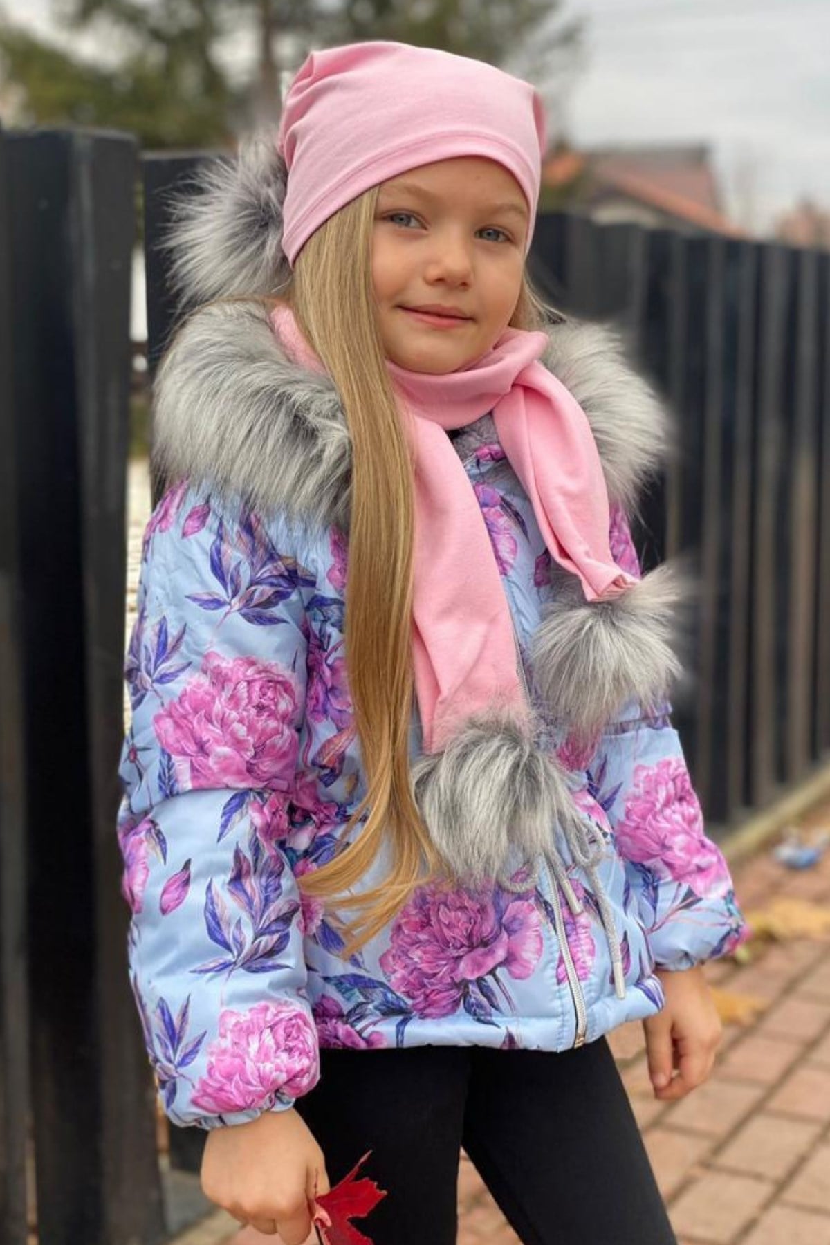 Çiçek Desen Kız Çocuk Mont Atkı Bere Seti