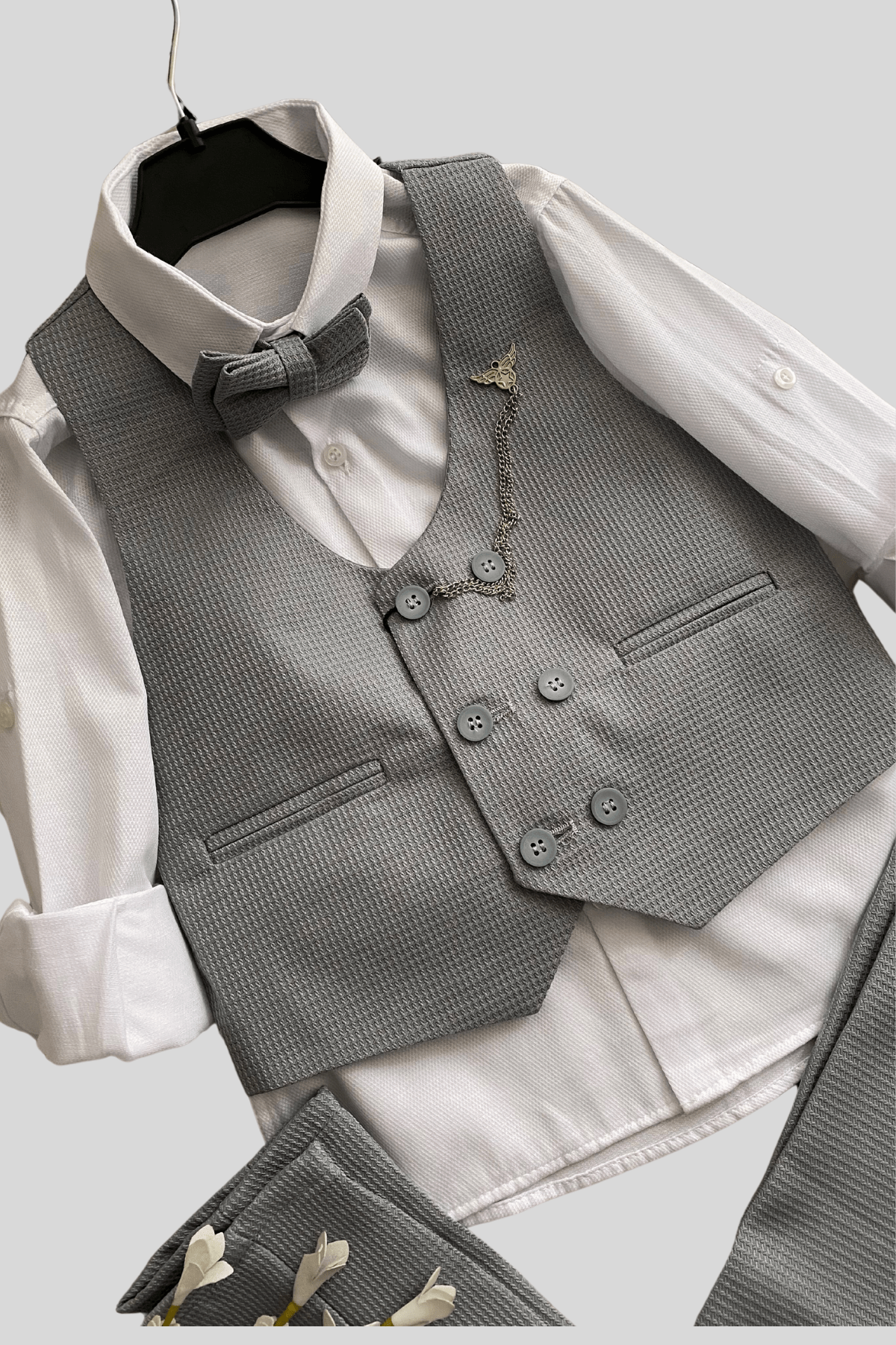 Matrix Yelekli Zincirli Erkek Çocuk Takım Elbise Gri