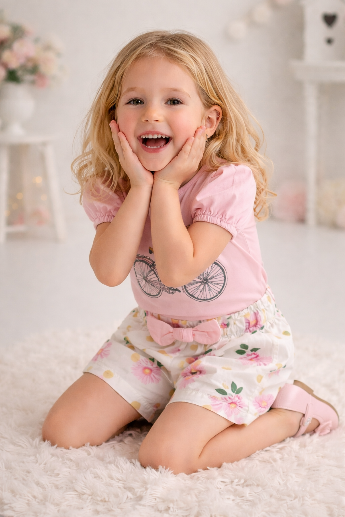 3-7 Yaş Bisikletli Alt Şortlu Çiçekli Kız Çocuk Takım Pembe