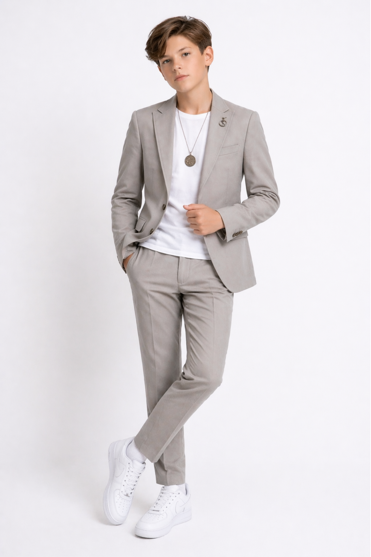 3-14 Yaş Oscar Tişörtlü Kolyeli Erkek Çocuk Takım Elbise Mezuniyet Gri