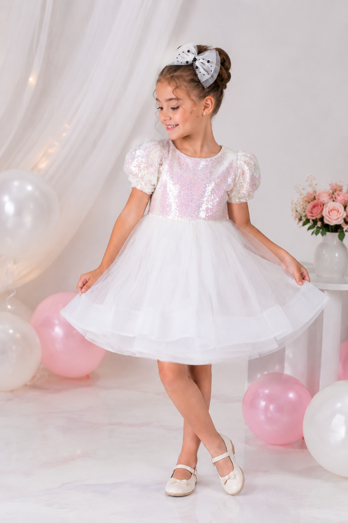 3-12 Yaş Star Girl Payetli Kısa Kollu Balerin Abiye Elbise Beyaz