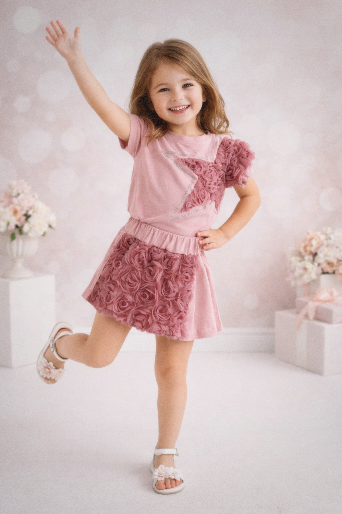 4-10 Yıldız Detay Şort Etekli Güllü Takım Gül Kurusu