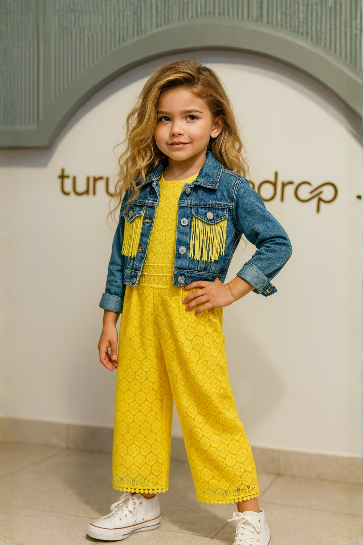 Kot Ceketli Dantelli Kız Çocuk Tulum Sarı