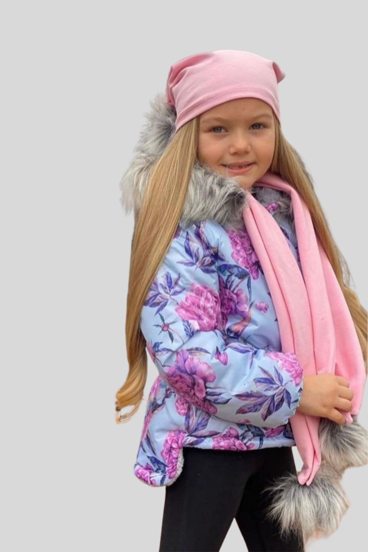 Çiçek Desen Kız Çocuk Mont Atkı Bere Seti
