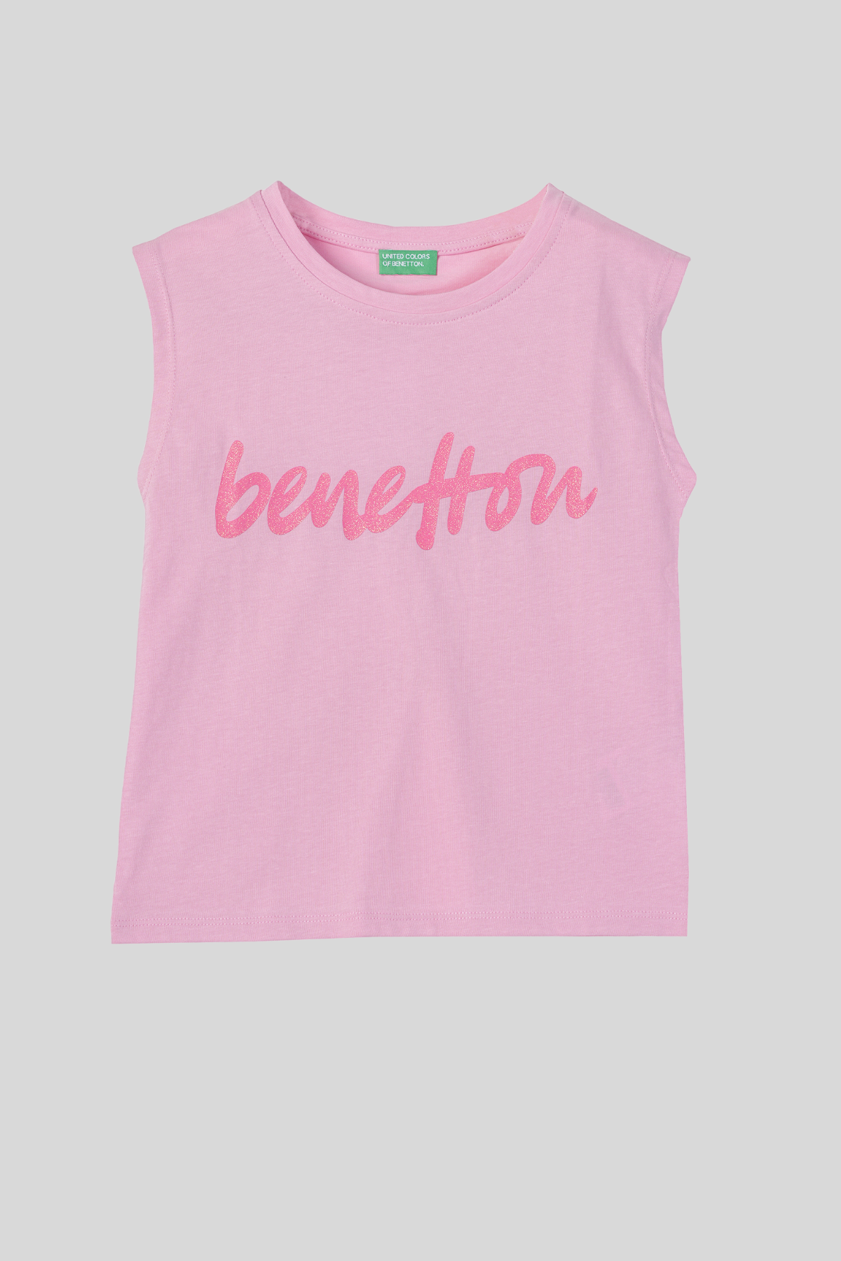4-14 Yaş Benetton Simli Yazı Baskılı Kolsuz Kız Çocuk Atlet Pembe