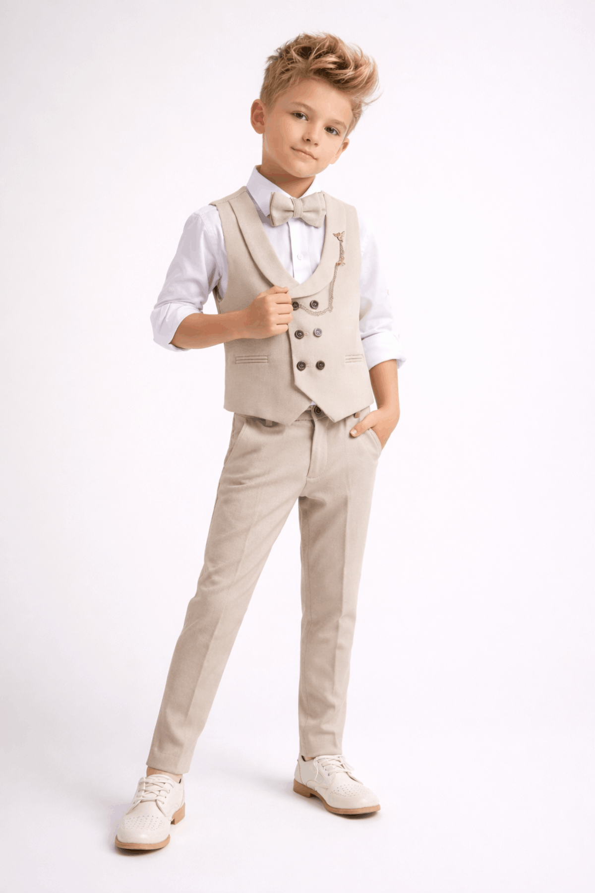 Smart Katlamalı Yelekli Çocuk Takım Elbise Bej
