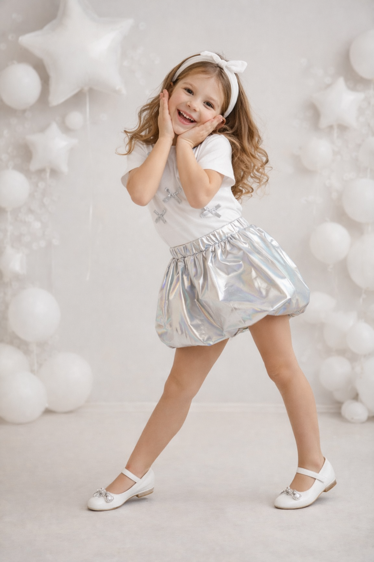 3-8 Yaş Fiyonklu Tişört Balon Etek Kız Çocuk Takım Gri