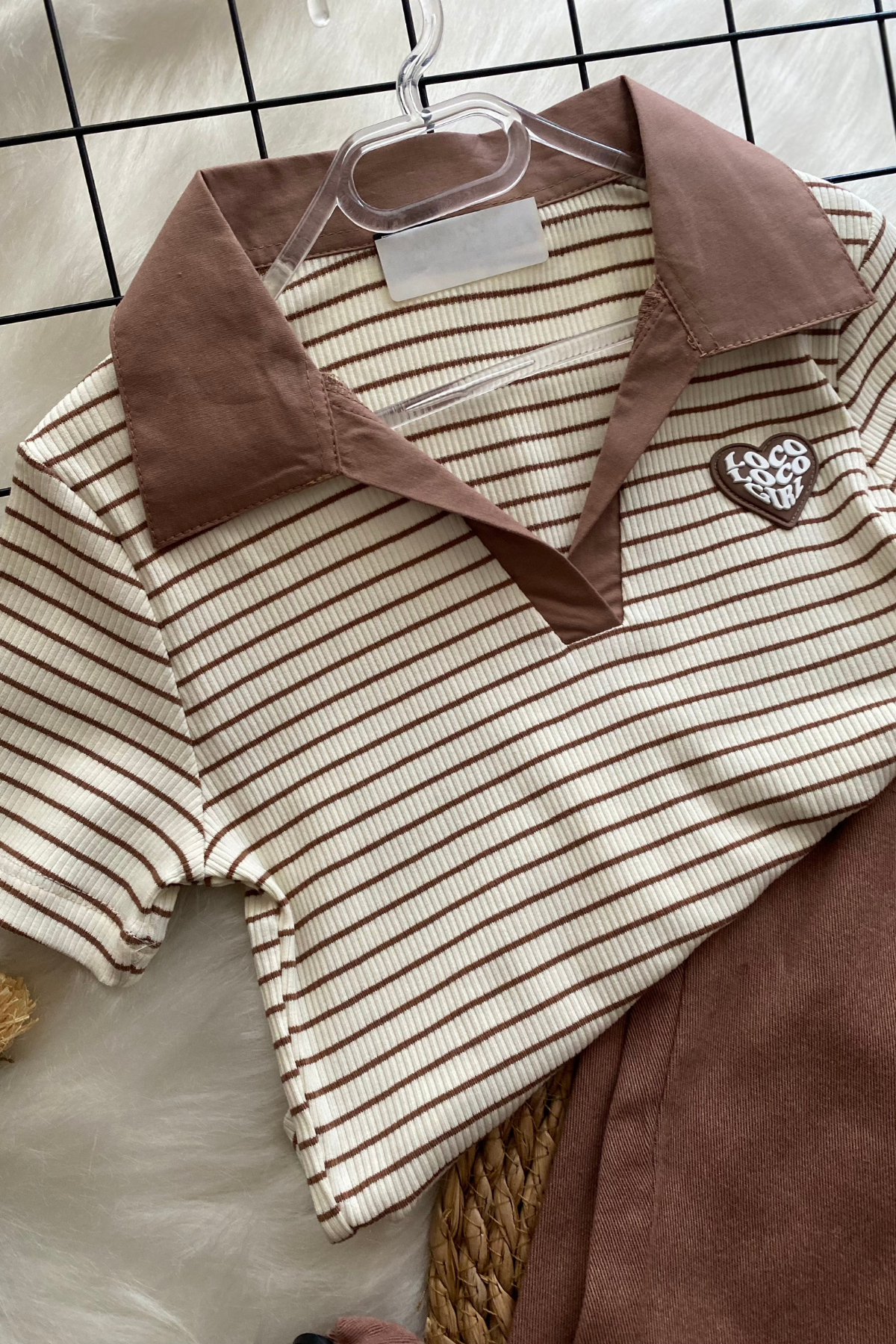 8-14 Yaş Polo Yaka Çizgili Crop Cappuccino