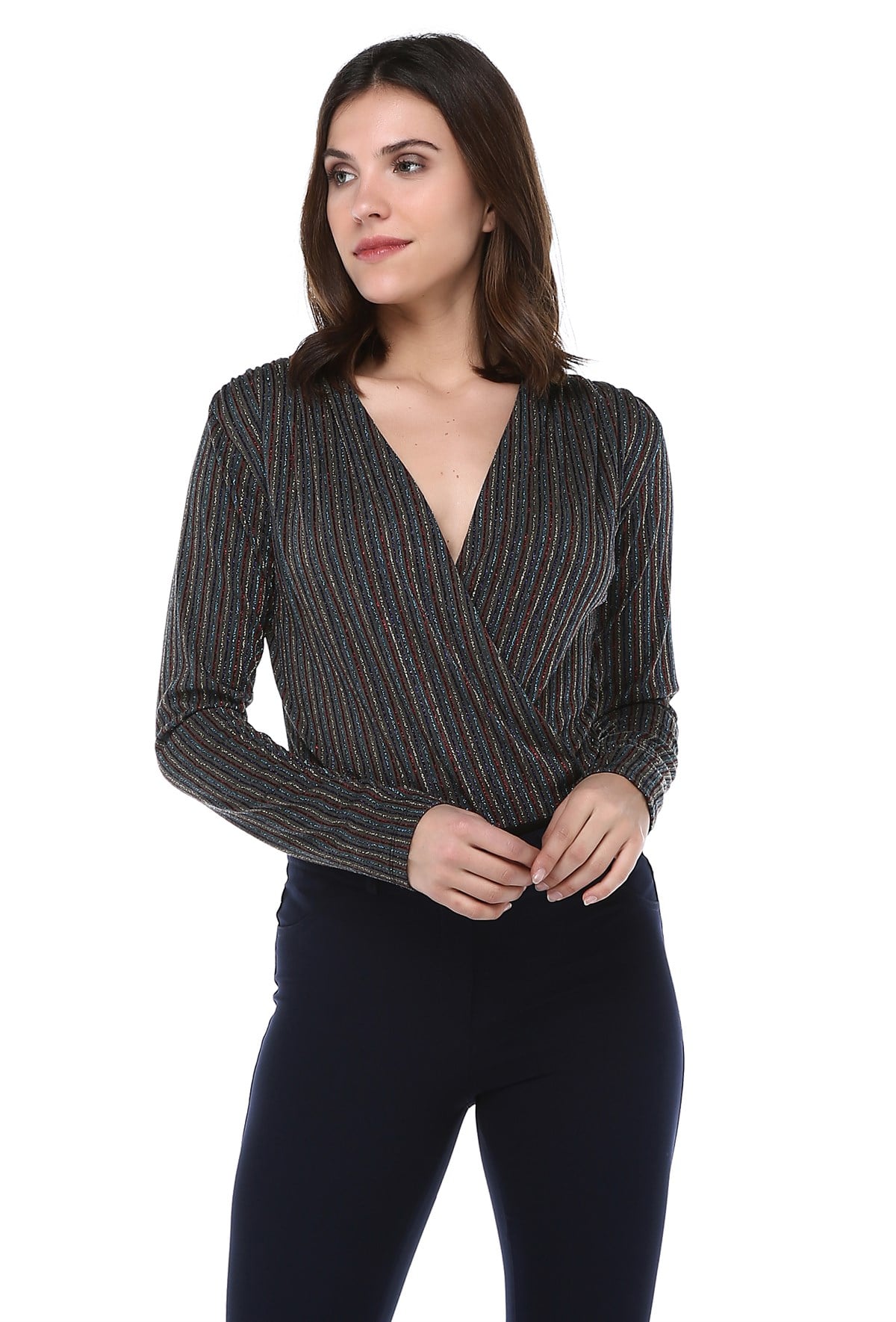 Simli Çizgili Kruvaze Bodysuit
