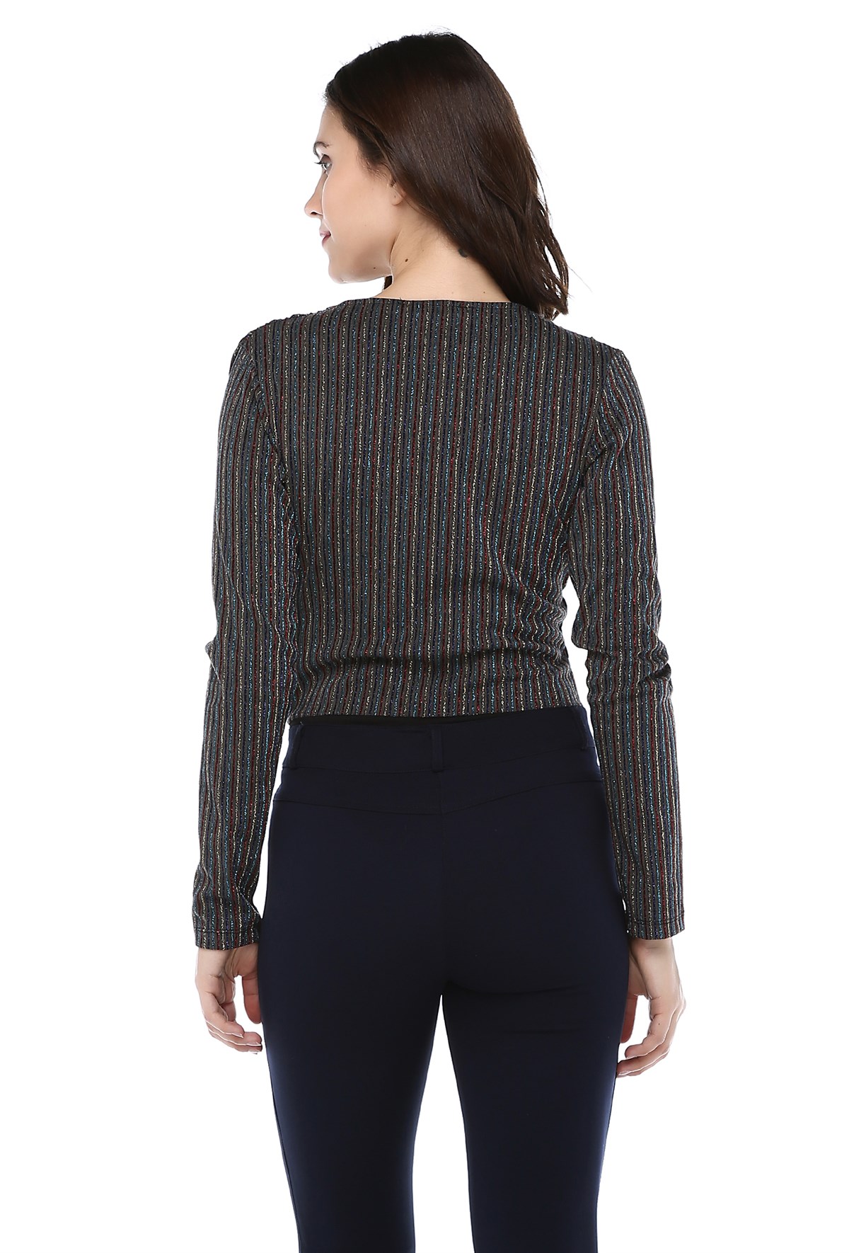 Simli Çizgili Kruvaze Bodysuit