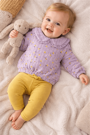 6-18 Ay Çiçekli Bebe Yaka Kız Bebek Takım Mor