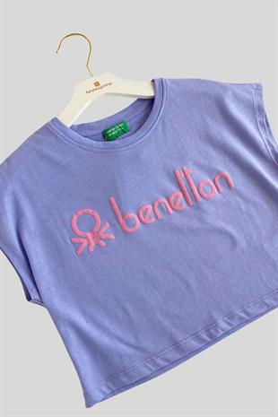 4-14 Yaş Benetton Logo ve Yazı Baskılı Kız Çocuk T-shirt Lila