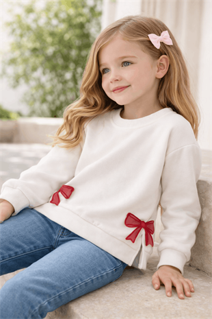 3-7 Yaş Fiyonk Aplikeli Kız Çocuk Sweat Beyaz