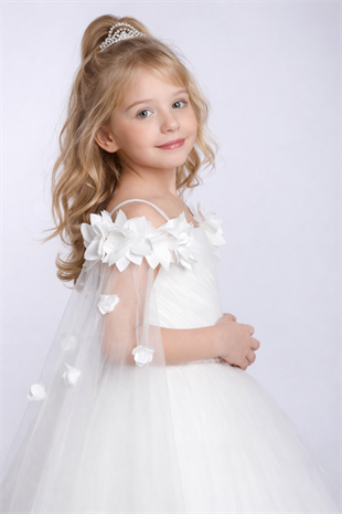 2-11 yaş Wendy Omuzları Çiçekli Kolları Tül Detay Kız Çocuk Gelinlik Ekru