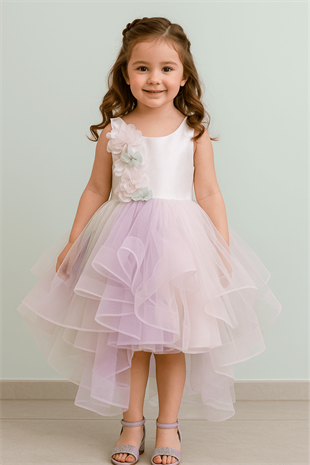 3-7 Yaş Etekleri Renkli Arkası Uzun Kız Çocuk Abiye Elbise Beyaz